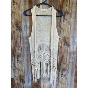 Open-front Sleeveless Bohemian Fringe Knit Cream Vest Large Women's Boho Hippie